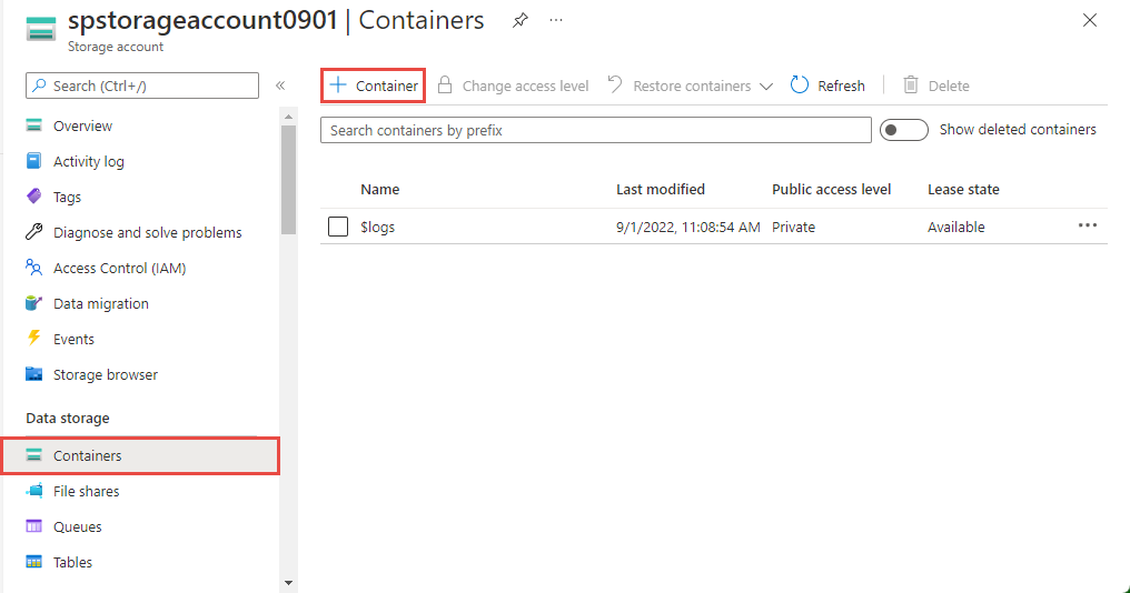 Captura de tela mostrando a página Containers.