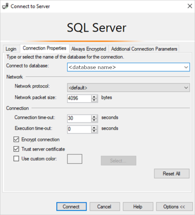 Propriedades de conexão do SQL Server