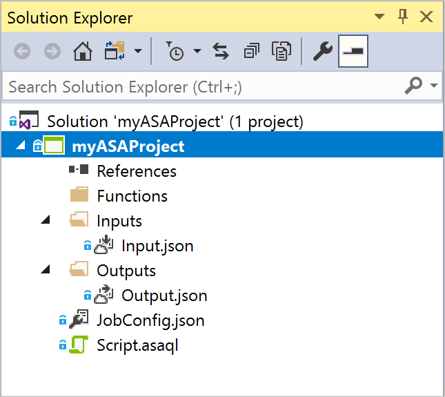 Captura de tela mostrando a janela do Gerenciador de Soluções para um projeto de aplicativo do Stream Analytics de exemplo no Visual Studio.