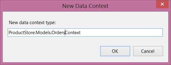 Captura de tela da nova caixa de diálogo de contexto de dados. Uma caixa de texto mostra o nome do novo contexto de dados digitado.