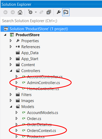 Captura de tela do modo de exibição de projeto do Gerenciador de Soluções. AdminController dot c s e OrdersContext dot c s são realçados.