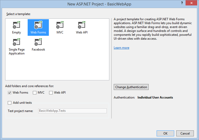 Caixa de diálogo Novo projeto de ASP.NET