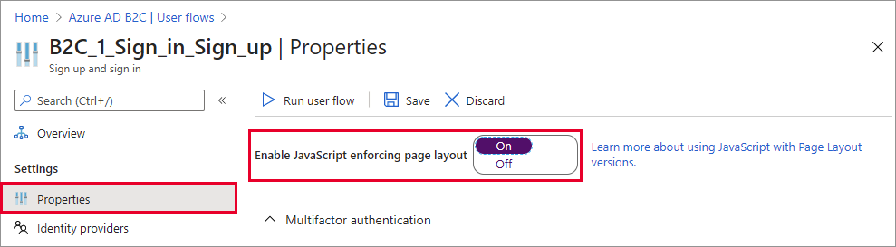 Página propriedades de fluxo do usuário com a configuração Habilitar JavaScript destacada