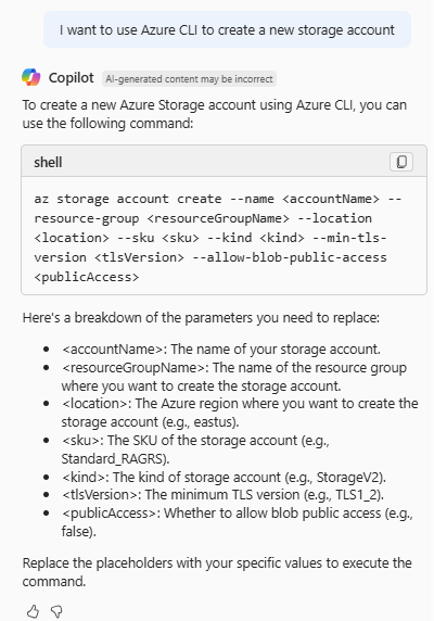 Captura de tela do Azure Copilot fornecendo comandos da CLI do Azure para criar uma conta de armazenamento.
