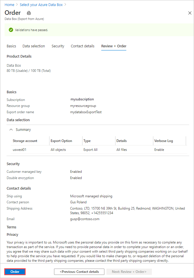 Captura de tela que mostra um pedido do Data Box após ter sido confirmado.