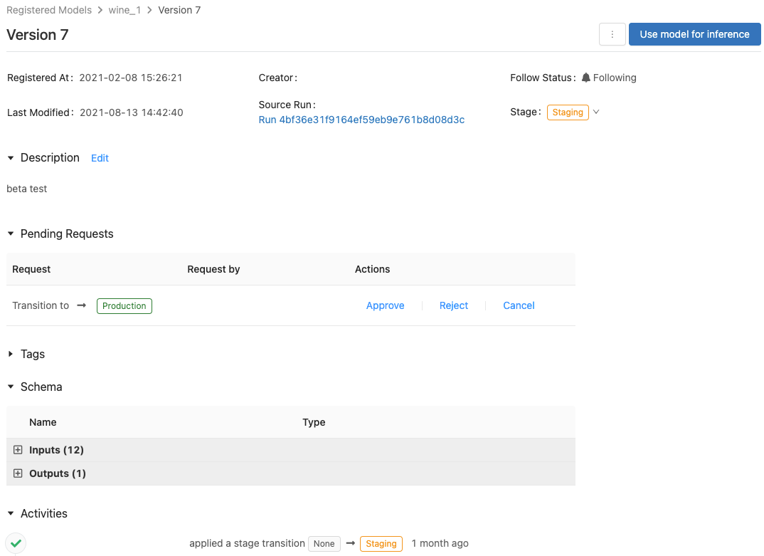 Página de versão do modelo MLflow 2.x
