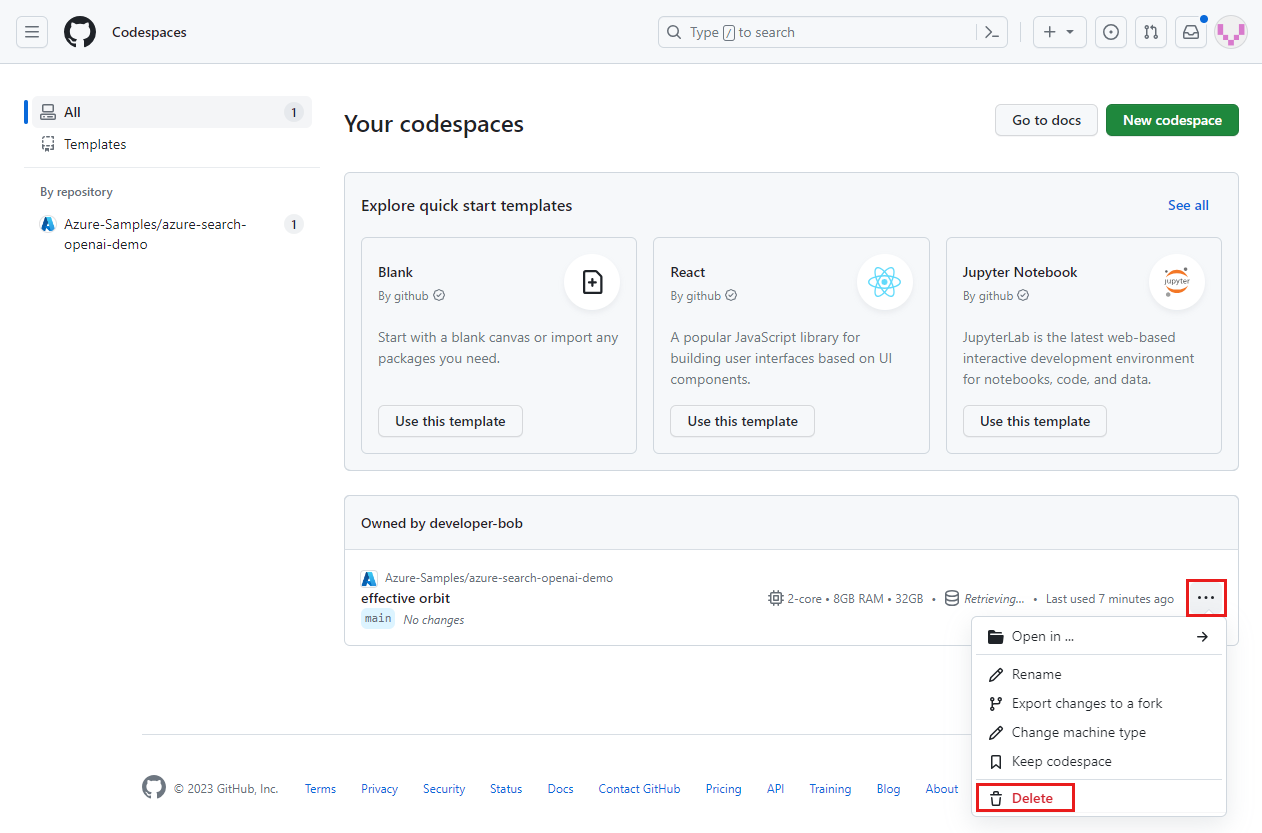 Captura de tela que mostra o menu de contexto de um único codespace com a opção Excluir realçada.