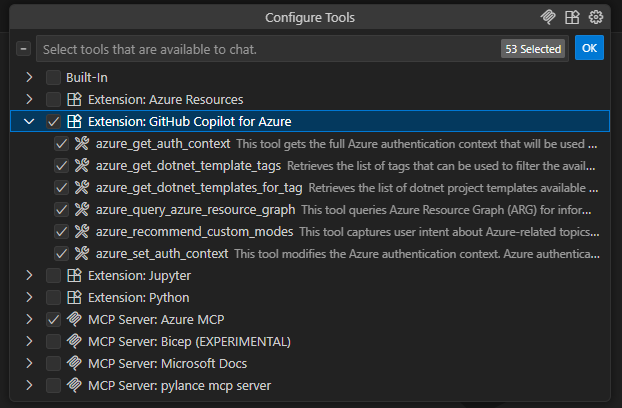 Screenshot da lista de ferramentas em Visual Studio Code.