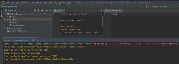 A captura de tela do IDE do PyCharm com um comando Azure CLI implantando um aplicativo Web.