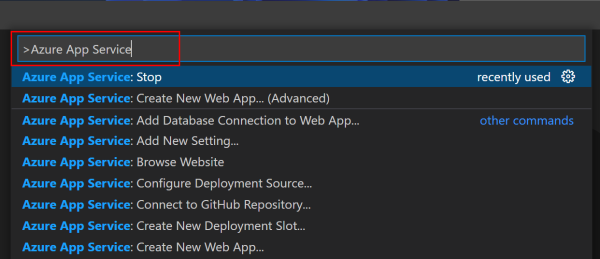 Uma captura de tela da paleta de comandos do Visual Studio Code para App Service.
