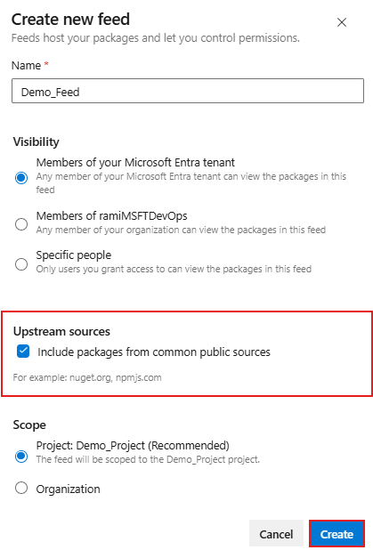 Uma captura de tela mostrando como criar um feed de necessidade e habilitar fontes upstream no Azure Artifacts.