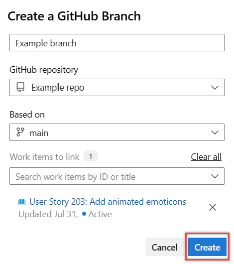 Captura de tela da caixa de diálogo Criar um branch no GitHub.