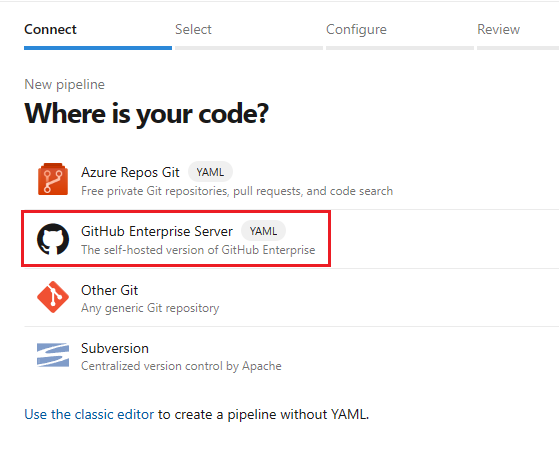 Captura de tela da seleção do GitHub como o local do código.