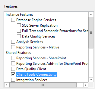Captura de tela da instalação do recurso Conectividade das Ferramentas de Cliente do SQL Server.