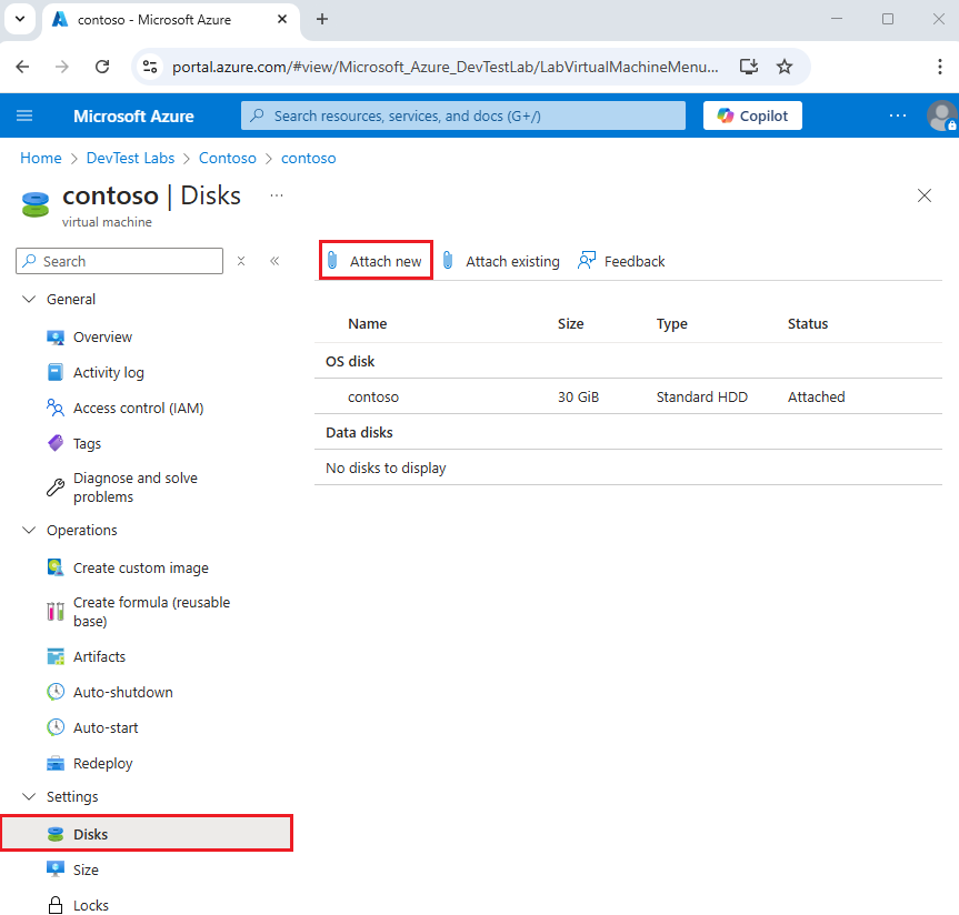 Captura de tela de Anexar novo na página Disco da VM.