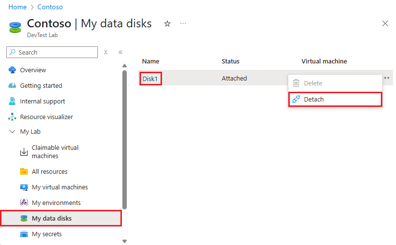 Captura de tela da desanexação de um disco de dados do menu de contexto da listagem.