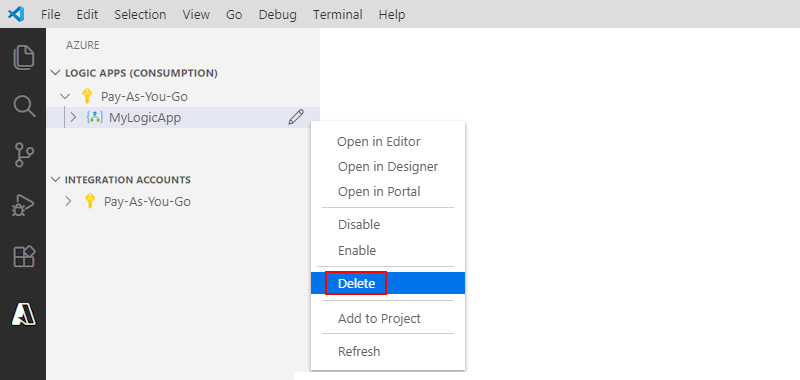 Captura de tela que mostra o Visual Studio Code e como excluir um recurso de aplicativo lógico.