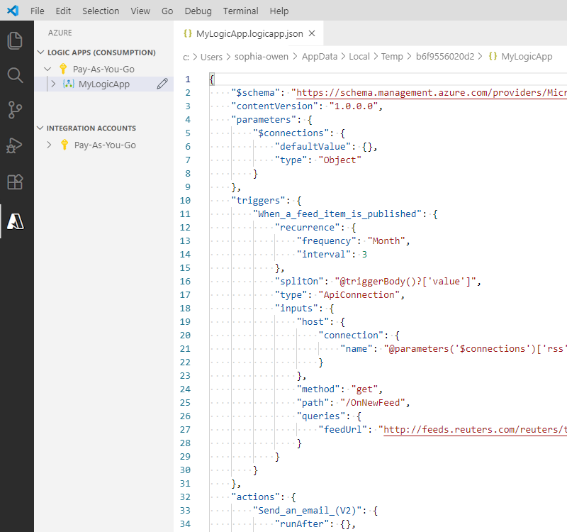 Captura de tela que mostra o Visual Studio Code e o arquivo de definição de fluxo de trabalho do aplicativo lógico aberto.
