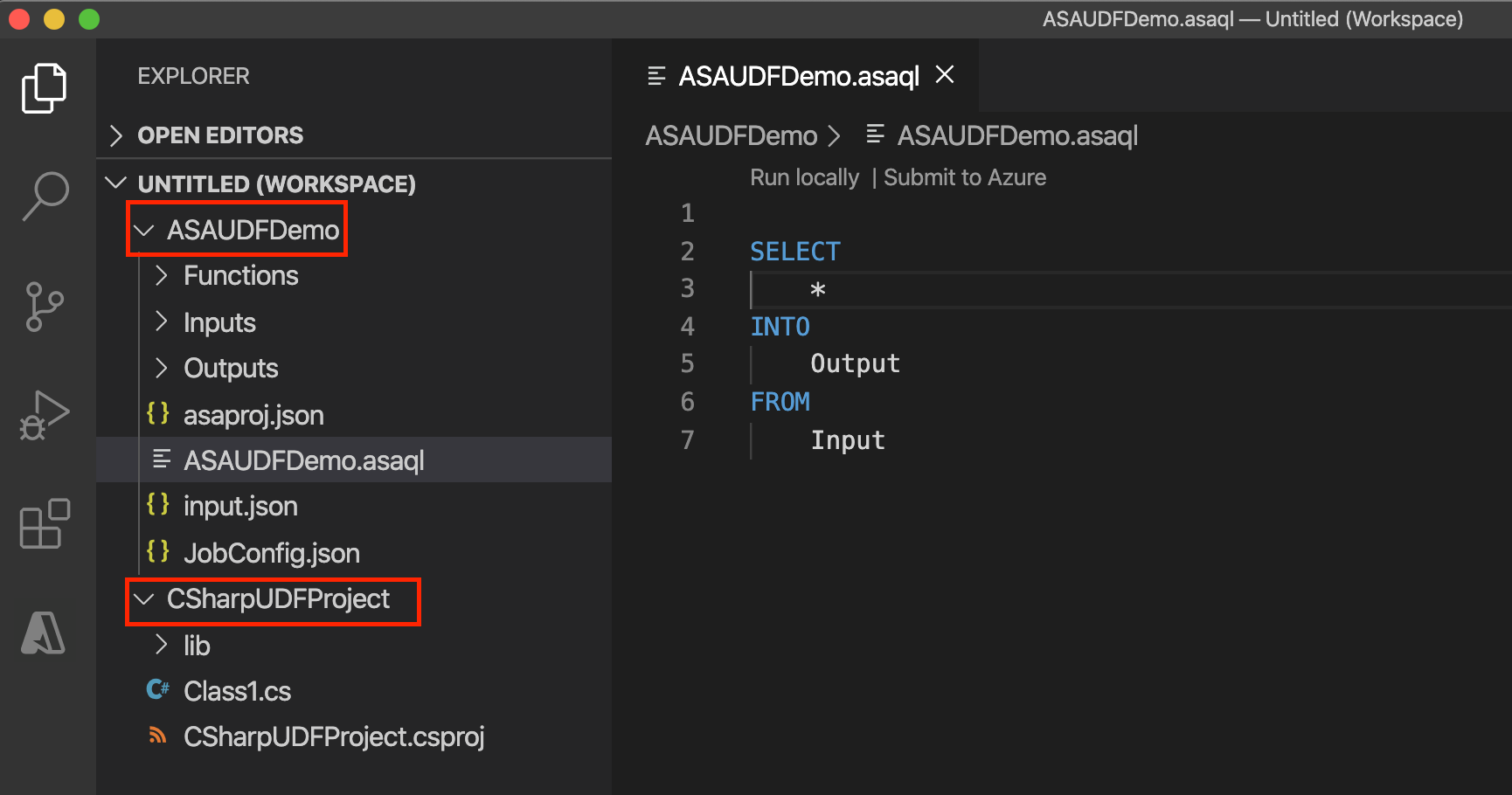Projeto do Azure Stream Analytics no Visual Studio Code