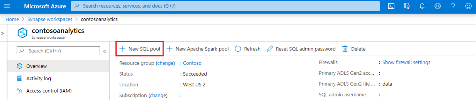 Visão geral do workspace do Synapse com uma caixa vermelha ao redor do comando para criar um novo pool de SQL dedicado.
