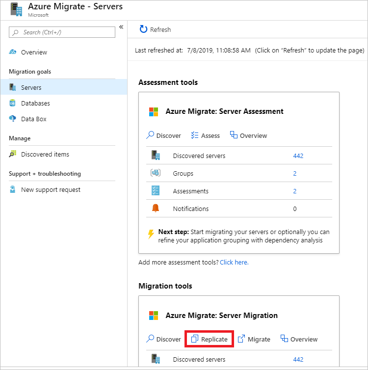 Captura de tela da interface Azure Migrate - Servidores mostrando o botão Replicar selecionado em Azure Migrate: Migração de Servidor nas Ferramentas de Migração.