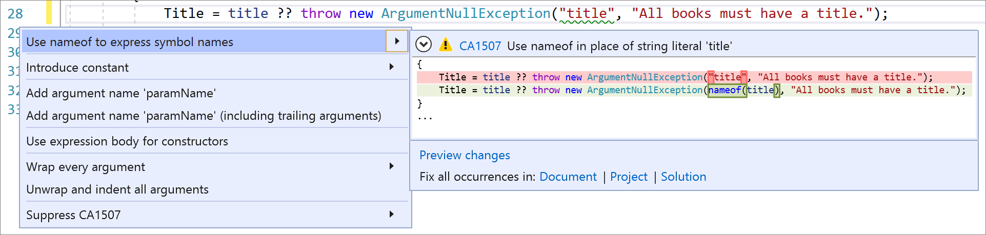 Correção de código para CA1507 – use `nameof` para expressar nomes de símbolos