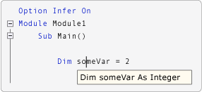 Captura de tela mostrando a exibição do IntelliSense quando a opção Infer está ativada.