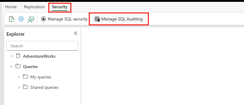 Captura de tela do portal do Fabric, mostrando a guia Segurança e o botão Gerenciar auditoria do SQL.