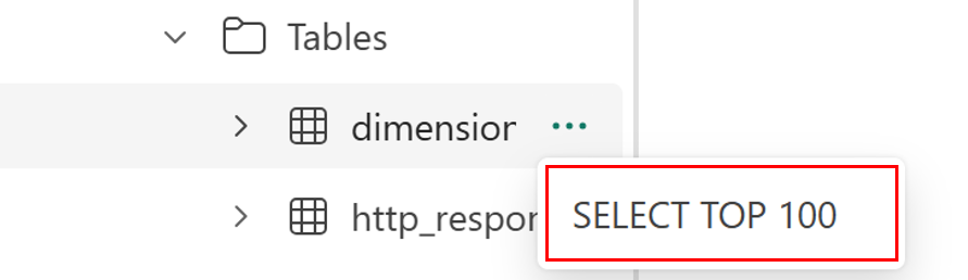 Screenshot da experiência de notebook do banco de dados SQL, mostrando a opção SELECT TOP 100 ao lado de uma tabela no Object Explorer.