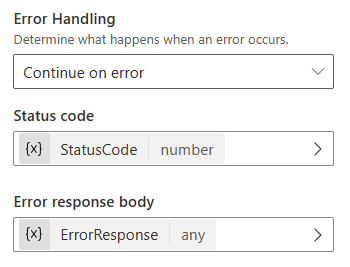 Captura de tela do painel 'Propriedades da solicitação HTTP' para um nó 'Solicitação HTTP', mostrando a configuração do tratamento de erros para continuar em caso de erro. As variáveis para o código de status e o conteúdo da resposta de erro são selecionadas.