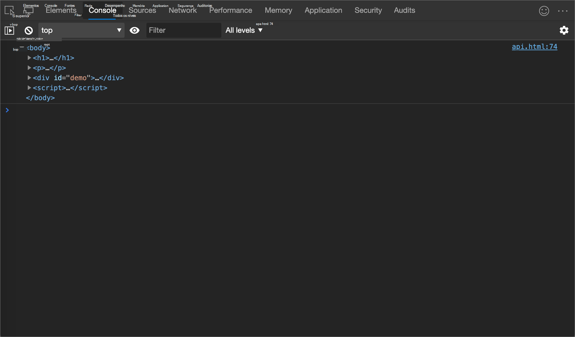 O resultado do exemplo console.dirxml()