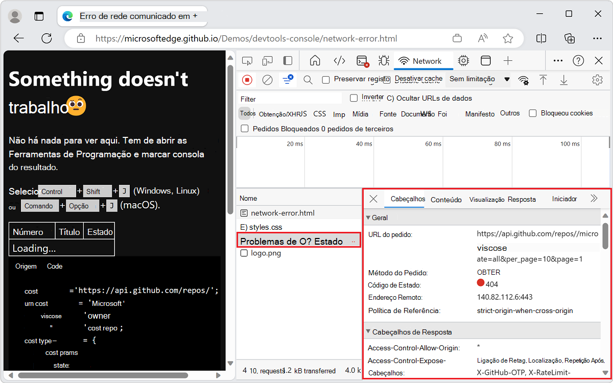 Inspecionar os cabeçalhos na ferramenta Rede pode dar mais informações