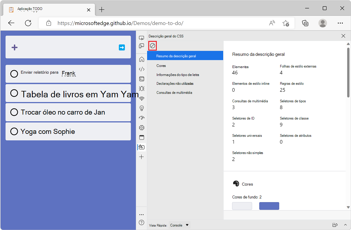 O Microsoft Edge, com a aplicação de demonstração Lista de tarefas e DevTools junto ao mesmo, a mostrar um relatório de descrição geral do CSS com o botão Limpar descrição geral na parte superior