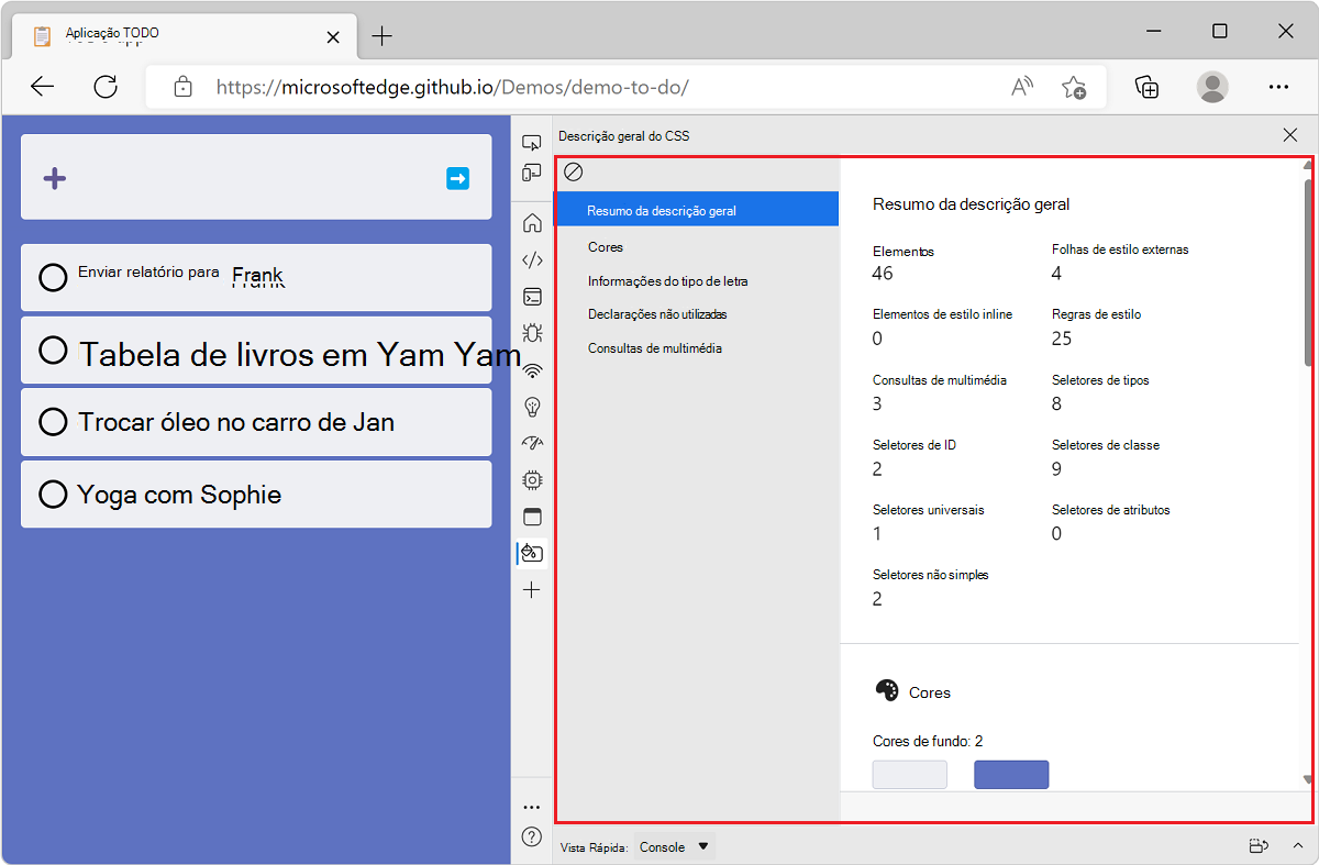 Microsoft Edge, com a aplicação de demonstração lista TODO e DevTools junto à mesma, a mostrar o relatório de descrição geral do CSS desse site