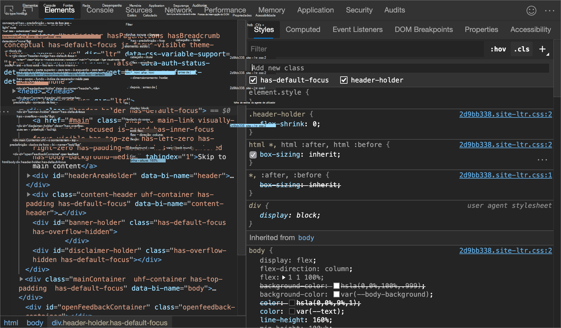 O painel Classes de Elementos