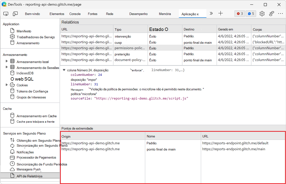 Ver a lista de pontos finais de relatórios no painel API de Relatórios