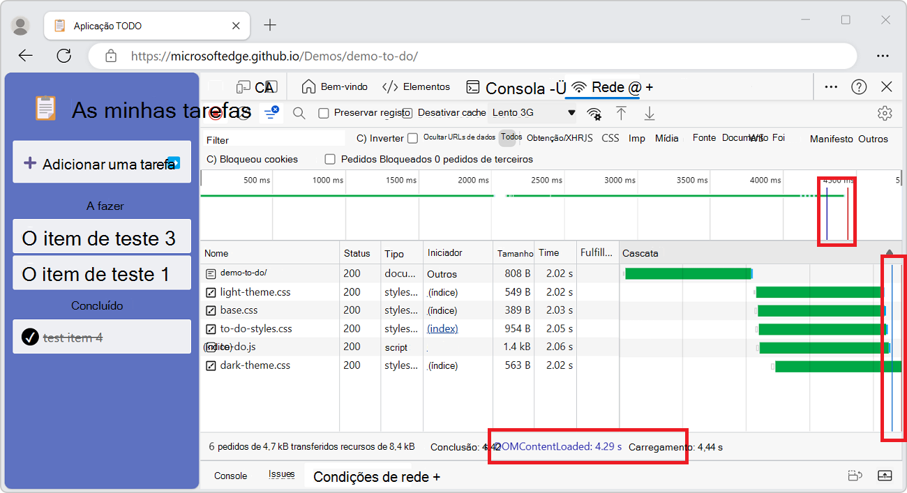 As localizações dos eventos DOMContentLoaded e load na Ferramenta de rede