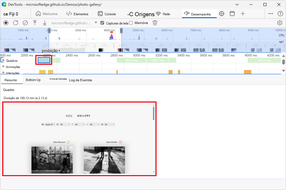 Ver uma captura de ecrã no separador Resumo