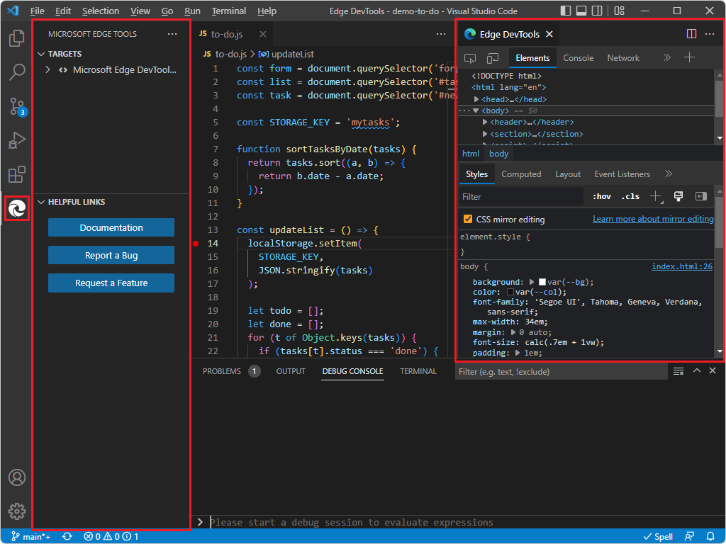 Visual Studio Code quando o browser externo foi iniciado (e nenhuma barra de ferramentas de Depuração)