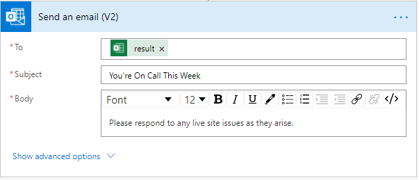 O painel de tarefas de seleção de ação que mostra as ações do conector do Office 365 Outlook. A ação Enviar um e-mail (V2) está realçada.
