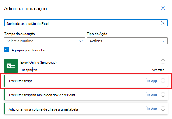 O painel de tarefas de seleção de ação que mostra as ações do conector do Excel Online (Empresas). A ação Executar script está realçada.