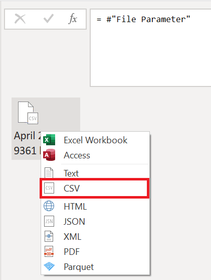 Captura de tela do menu suspenso binário com CSV destacado.