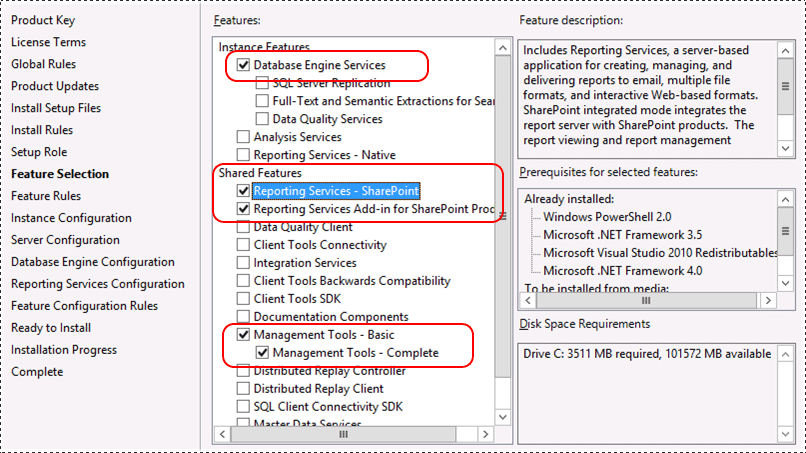 Seleção de recursos do SSRS para o modo SharePoint
