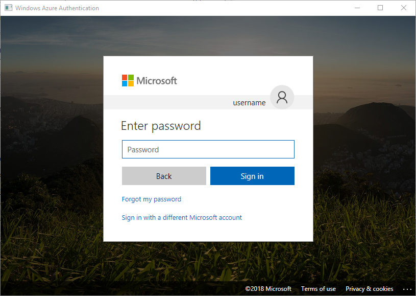 Interface de autenticação do Windows Azure ao usar a autenticação interativa do Active Directory.