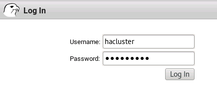 Captura de tela da página de logon da interface do usuário da Web do Pacemaker com o nome de usuário hacluster inserido.