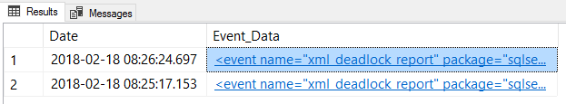 Captura de tela do SSMS que mostra o resultado da consulta de system_health do XEvent.