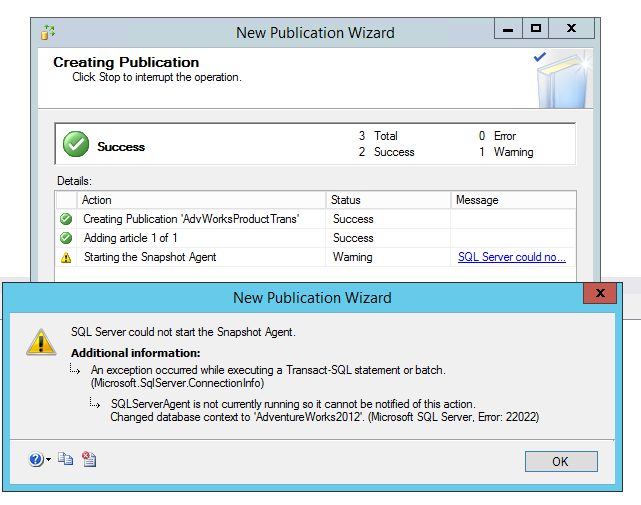 Aviso de que o Agente de Instantâneo não conseguiu iniciar