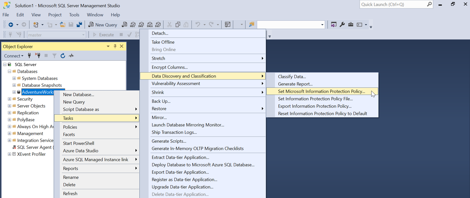 Screenshot para definir Política de Proteção de Informações da Microsoft no SSMS