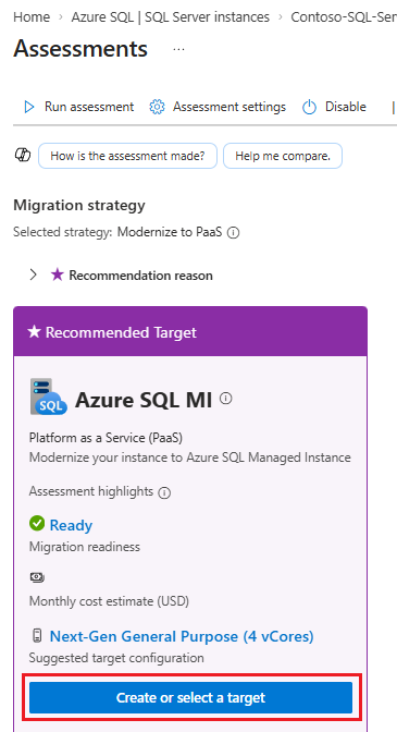 Captura de tela que mostra o painel Avaliações no portal Azure, com Destino de criação destacado.