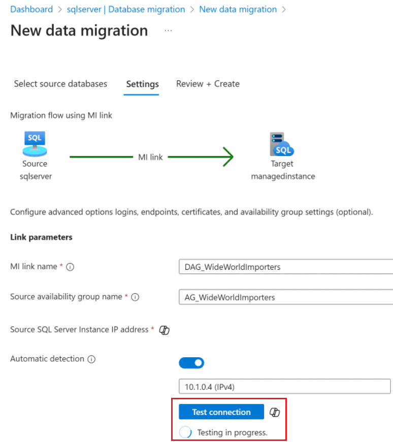 Captura de tela que mostra o botão de teste de conexão do link Managed Instance.